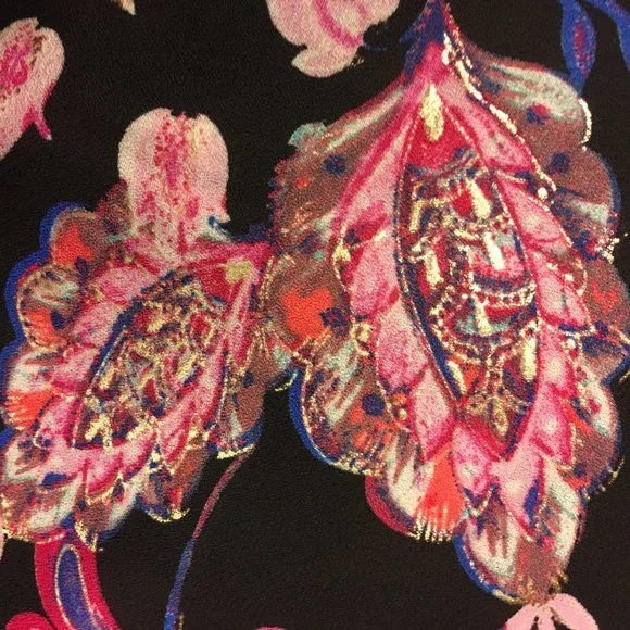 BonWorth Women's Gold Button Front Blingy Floral Tunic V-neck 3/4 Sleeves - Picture 9 of 11